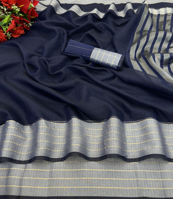 Vikash fab Solid/Plain Kasavu Cotton Linen Saree(Dark Blue)