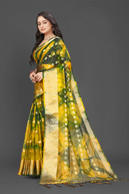 HouseOfCommon Solid/Plain, Woven Bollywood Organza Saree(Green)