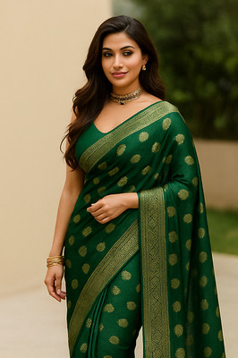 Dhyani Weaves Woven, Printed Banarasi Cotton Silk Saree(Green)