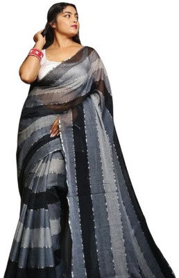 ANU INDIAN FASHION Striped Handloom Cotton Blend Saree(Black, Grey)