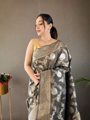 MAHADEV DESIGN Woven Banarasi Pure Silk Saree(Grey, Gold, Silver)