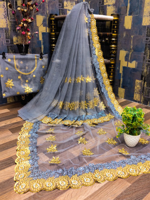 KHRITI FAB Embroidered, Floral Print Bollywood Net Saree(Grey)