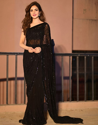 Satrani Dyed, Embroidered Bollywood Georgette Saree(Black)