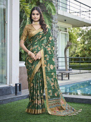 RekhaManiyar Printed Bollywood Silk Blend Saree(Dark Green)