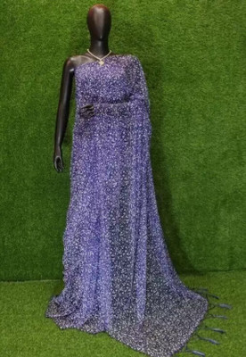 FINIVOIR Floral Print Bollywood Net Saree(Dark Blue)