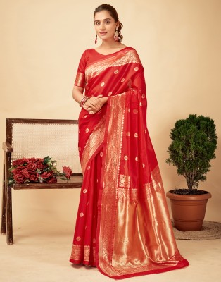 Samah Dyed, Self Design, Woven Banarasi Silk Blend, Jacquard Saree(Red, Gold)