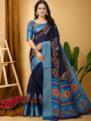 Anouk Rustic Printed Hand Batik Cotton Blend Saree(Dark Blue)