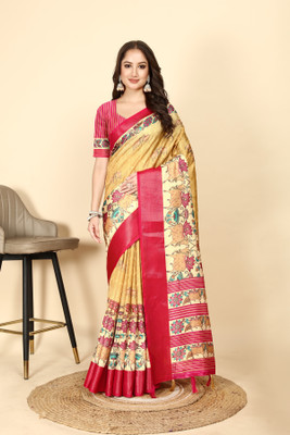 J6 Designers Printed Bollywood Cotton Silk Saree(Yellow)