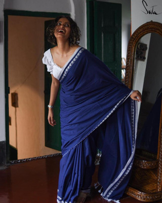 Balika bodhu Solid/Plain Handloom Pure Cotton Saree(Blue, White)