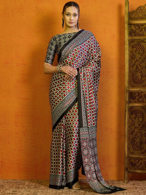 Sangria Printed Hand Batik Satin Saree(Red)
