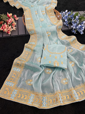 KHRITI FAB Embroidered Bollywood Jimmy choo Saree(Light Blue)