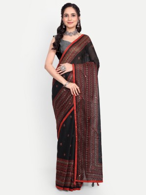 NIRMOHIFASHION Printed Bollywood Cotton Jute Saree(Black, Red)