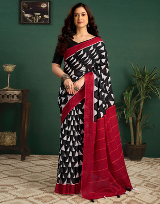 Sangria Printed Daily Wear Cotton Blend Saree(Red, Black)