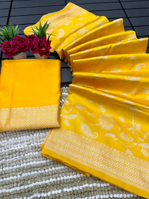 A To Z Cart Solid/Plain Banarasi Art Silk Saree(Yellow)