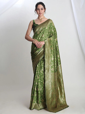 Janasya Woven Banarasi Silk Blend Saree(Green)