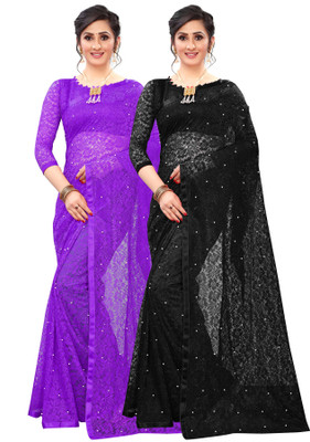 LOROFY Embellished Bollywood Net Saree(Pack of 2, Black, Purple)
