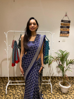 ETHNICPORT Printed Ikkat Pure Cotton Saree(Dark Blue)