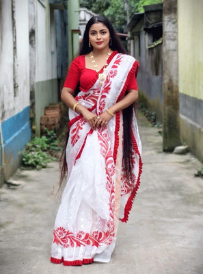 Roy saree center Printed, Floral Print Tant Cotton Silk Saree(White, Red)
