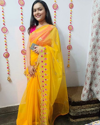 ShivGori Embroidered Bollywood Net Saree(Yellow)