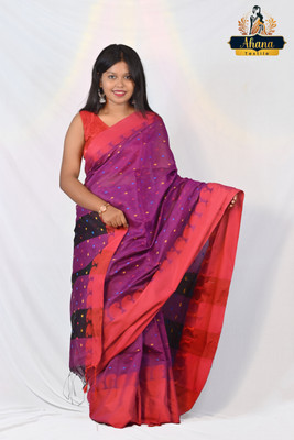 Ahana Textile Self Design Handloom Cotton Blend Saree(Purple)