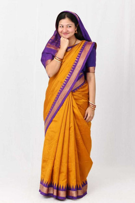 Afronza Solid/Plain, Temple Border, Self Design Sambalpuri Silk Blend, Pure Silk Saree(Mustard)