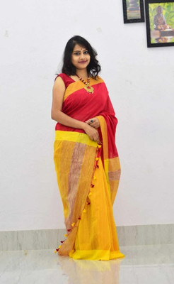 GOLU Solid/Plain Handloom Cotton Silk Saree(Red, Yellow)