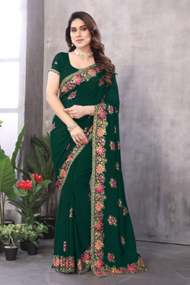 MIYANIFAB Embroidered Bollywood Georgette Saree(Green)