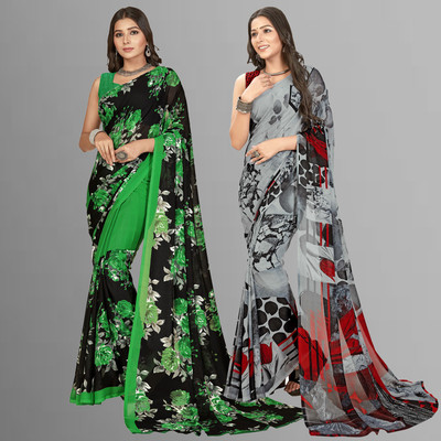 Anand Sarees Printed Daily Wear Georgette Saree(Pack of 2, Multicolor, Green, Black)