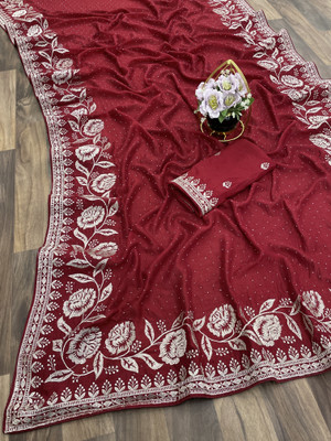 DEV SHREE SILK Embroidered, Embellished Bollywood Chiffon Saree(Maroon)
