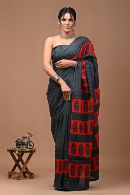 NIKHILAM Blocked Printed, Checkered, Printed, Dyed, Floral Print, Self Design, Digital Print Daily Wear Pure Cotton Saree(Grey, Red)