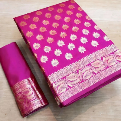 Sharvarifab Floral Print Banarasi Pure Silk Saree(Pink)