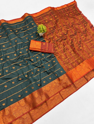 rangbhakti Woven Banarasi Silk Blend, Crepe Saree(Dark Green, Red)