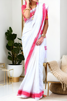 ADIVASI SHOP Solid/Plain, Striped Handloom Cotton Blend, Cotton Linen Saree(Red, White)