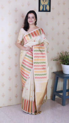 all about you Woven Banarasi Silk Blend Saree(Cream)