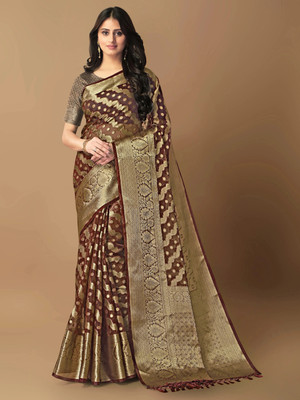 ANISSA SAREE Woven Banarasi Organza Saree(Maroon)