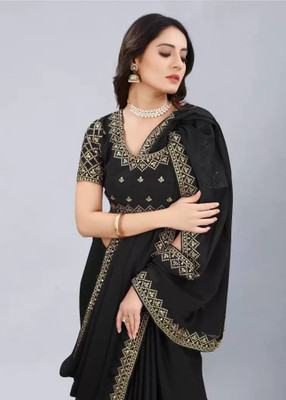 DHARMEE Solid/Plain Bollywood Georgette Saree(Black)