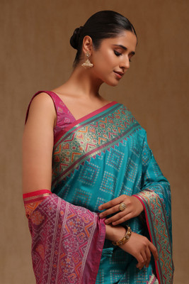 soch Woven Saree with Attached Blouse Silk Blend Saree(Blue)