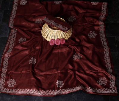 riyanshi fashion Embellished, Solid/Plain, Self Design Bollywood Pure Silk Saree(Maroon)