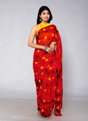 DJ Creations Printed, Self Design, Temple Border, Solid/Plain, Woven Bandhani Chiffon Saree(Red)