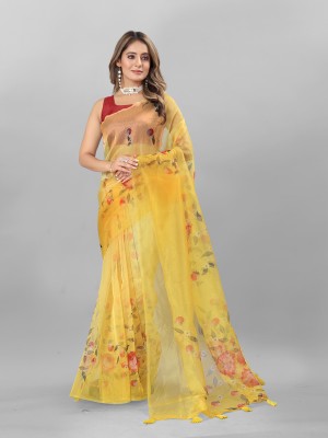 VERCO Digital Print Bollywood Organza Saree(Yellow)