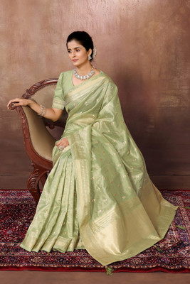 FABMORA Embroidered Chanderi Cotton Blend Saree(Light Green)