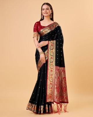 Bansari Textiles Self Design, Temple Border Banarasi Art Silk, Cotton Blend Saree(Black)