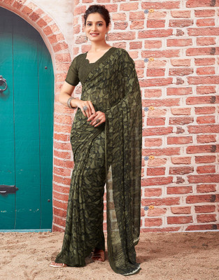 Anmi Printed Daily Wear Chiffon, Georgette Saree(Dark Green)
