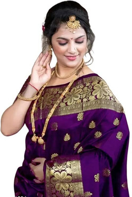 Nirvaan Woven, Printed, Self Design Banarasi Cotton Silk, Jacquard Saree(Purple, Gold)