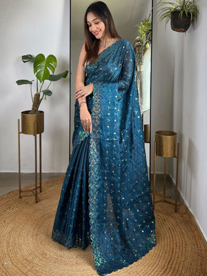 ANOUK Embroidered Chanderi Tissue Saree(Blue)