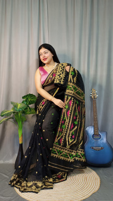 Pasum's Embroidered, Self Design Jamdani Pure Cotton Saree(Black, Pink)