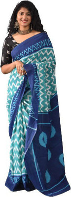 Kiaaron Printed Ikkat Pure Cotton Saree(Blue)