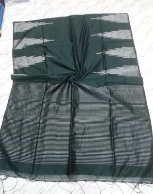 Kumaresh Creation Woven, Color Block, Temple Border Handloom Cotton Silk Saree(Dark Green)