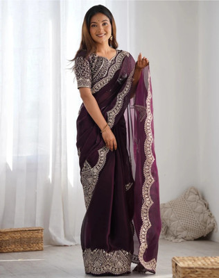 ONECULURE Embroidered, Embellished, Floral Print, Woven Bollywood Jimmy choo Saree(Maroon)