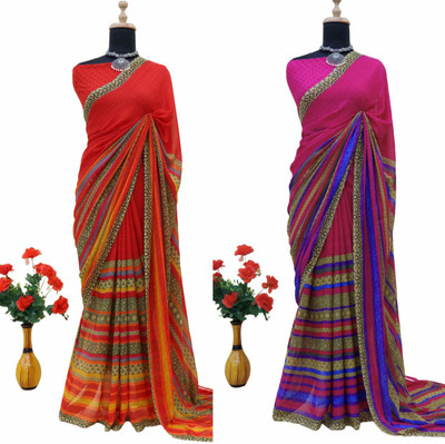 The Textile Hub Striped Bollywood Georgette Saree(Pack of 2, Multicolor)